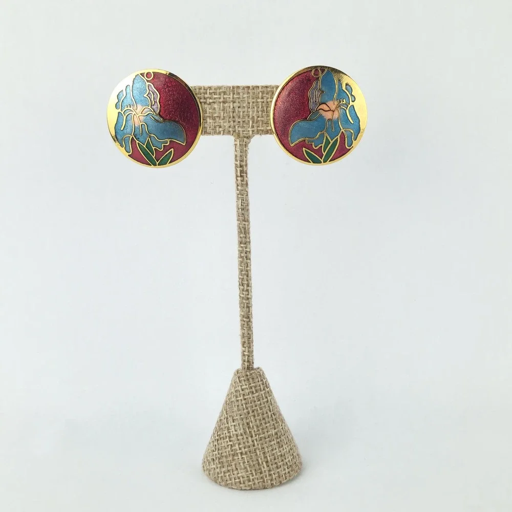 Vintage Cloisonné Iris Flower Clip‎ On Earrings Red Blue Gold Tone Enamel Floral